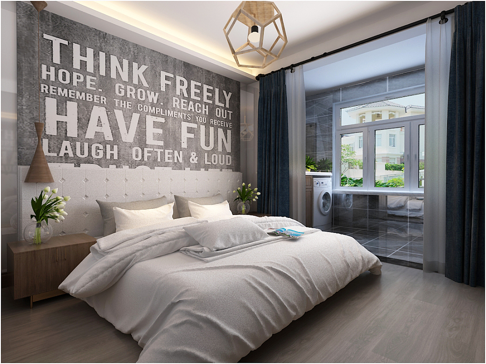 卧室也是根据业主的想法延续的整个空间的灰色调，床头背景墙的几何图案，床品及布艺的运用，增添了空间里的层次感。