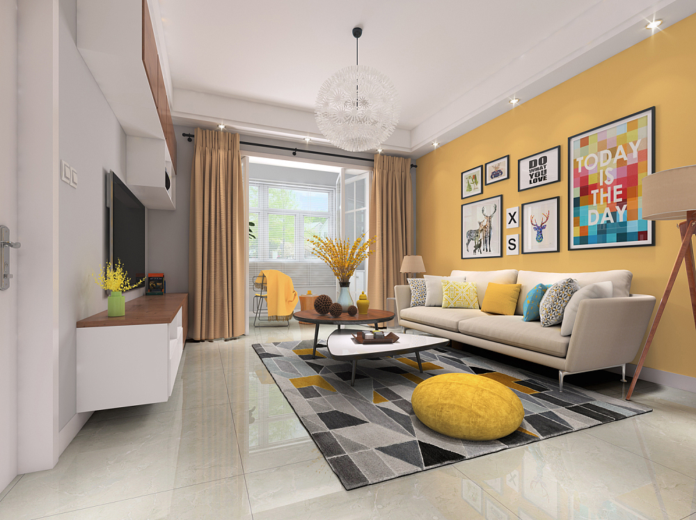 客厅极具现代感，较有视觉冲击性的橙黄色墙面配上个性化挂画，时尚感非常强。沙发与茶几的造型也很特别，但线条简约流畅，给人一种利落感。为了扩大居室的储物功能，在电视墙的上方做了储物柜，既美观又实用。