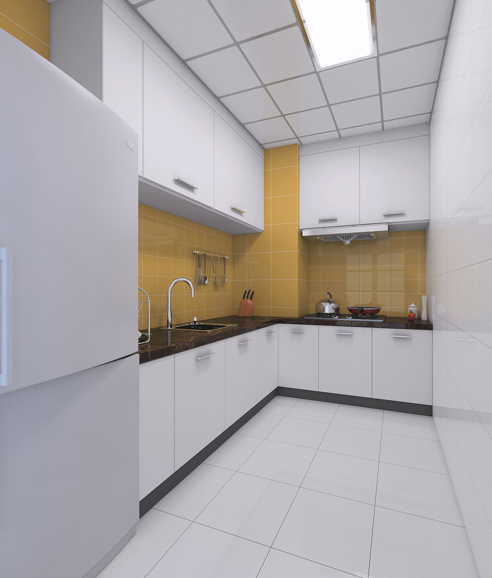 不同于一般厨房低调的用色，设计师在一面墙砖颜色的使用上较为大胆，沿袭了客厅橙黄色色调，新奇大胆，活跃了厨房的氛围。且橙黄色属于调动人味觉的暖色系，用在厨房还是非常合适的。
