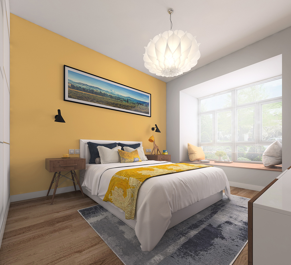 主卧的飘窗极大，几乎占据整面墙，很好的改善了主卧的采光，良好的采光配上橙黄色墙漆，效果非常亮眼，整个居室都被清新气息占领。