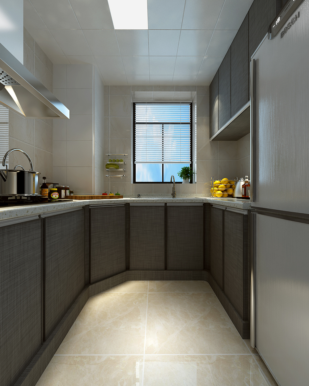 厨房：厨房选用深色系的面板和白色相互撞击给予人一种视觉感受，而且深色系会使厨房空间更加实用。