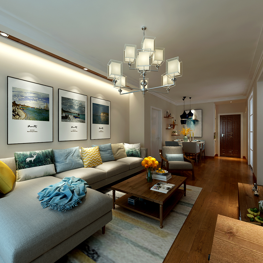 客厅：简约风情让家中呈现一种自然的舒适、干净之美。木质地板，浅咖色的墙面，白色与木色的搭配，加以蓝色元素点缀，现代与自然的元素相结合，让家居生活更轻松随性。