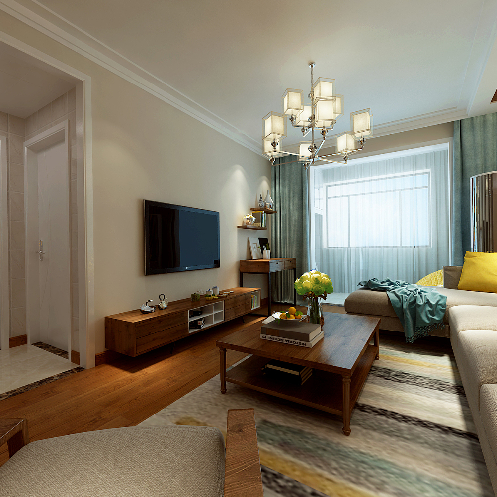 客厅：简约风情让家中呈现一种自然的舒适、干净之美。木质地板，浅咖色的墙面，白色与木色的搭配，加以蓝色元素点缀，现代与自然的元素相结合，让家居生活更轻松随性。