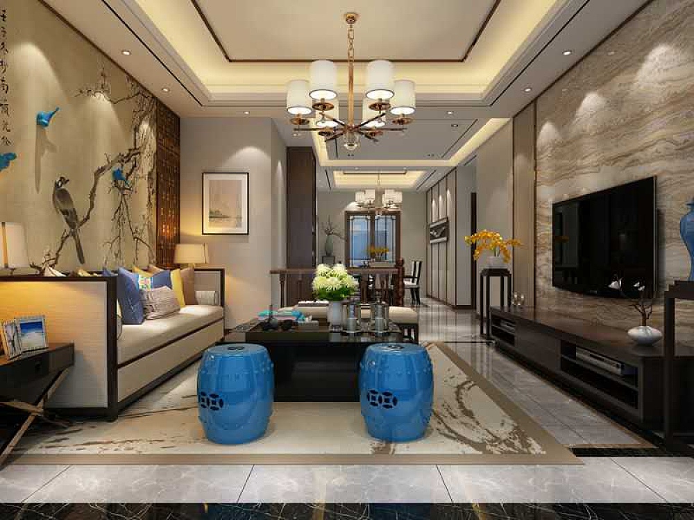客厅是传统与现代居室风格的碰撞，设计师以现代的装饰手法和家具，结合古典中式的装饰元素，来呈现亦古亦今的空间氛围。