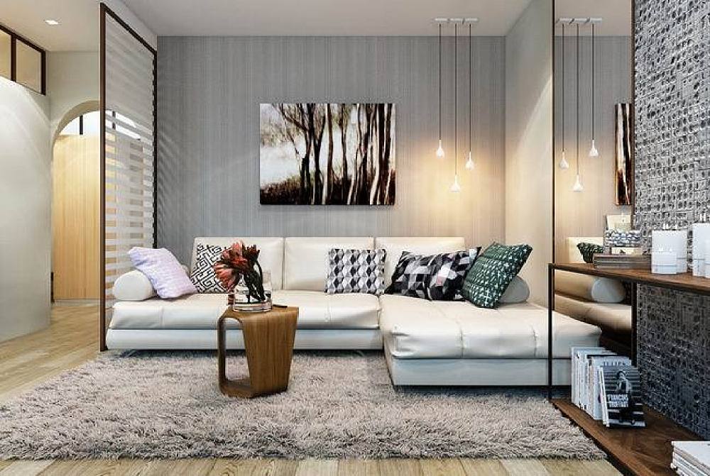 客厅沙发作为大件，选用简单大方具有时尚感的浅色搭配